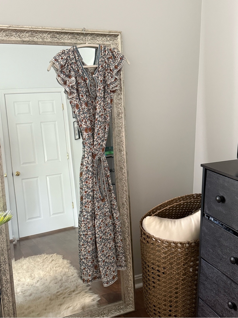 Max Studio Floral Maxi Dress in Ivory, Rust, and Navy
